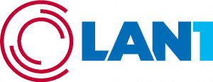 LAN1 Logo bestehend aus roten Kreisen und LAN1 Schriftzug in blau und aquablau
