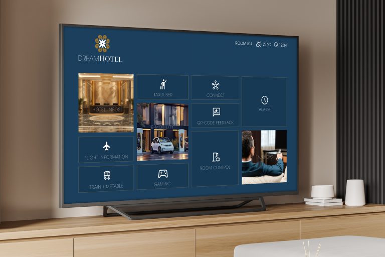 Hotel room interior with sofa and coffee table, side view, cabinet with hotel tv set and tv management, carpet on hardwood floor.